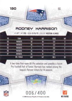 2008 Score - Gold Zone #190 Rodney Harrison Back
