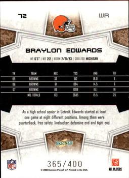 2008 Score - Gold Zone #72 Braylon Edwards Back