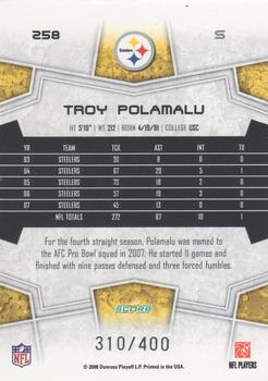 2008 Score - Gold Zone #258 Troy Polamalu Back