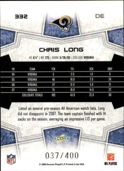 2008 Score - Gold Zone #332 Chris Long Back