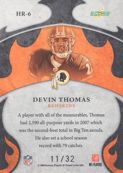 2008 Score - Hot Rookies Artist's Proof #HR-6 Devin Thomas Back