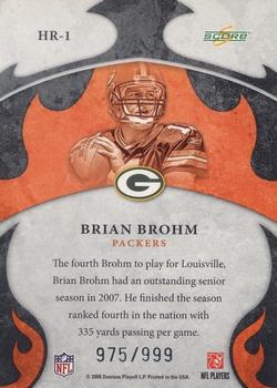 2008 Score - Hot Rookies Scorecard #HR-1 Brian Brohm Back