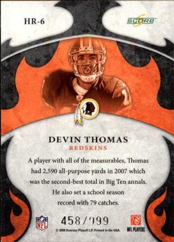2008 Score - Hot Rookies Scorecard #HR-6 Devin Thomas Back