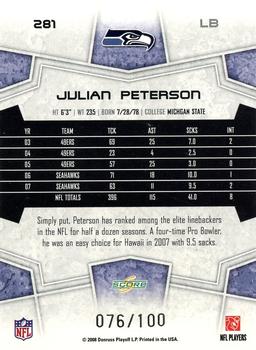 2008 Score - Red Zone #281 Julian Peterson Back