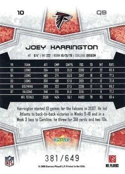 2008 Score - Scorecard #10 Joey Harrington Back