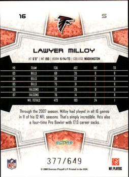 2008 Score - Scorecard #16 Lawyer Milloy Back