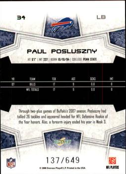 2008 Score - Scorecard #34 Paul Posluszny Back