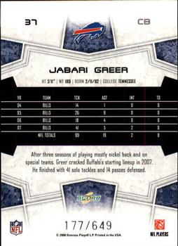 2008 Score - Scorecard #37 Jabari Greer Back