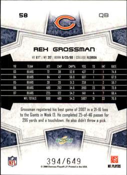 2008 Score - Scorecard #58 Rex Grossman Back