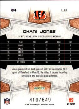 2008 Score - Scorecard #64 Dhani Jones Back