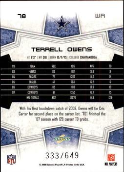 2008 Score - Scorecard #78 Terrell Owens Back
