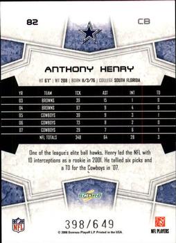 2008 Score - Scorecard #82 Anthony Henry Back