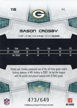 2008 Score - Scorecard #116 Mason Crosby Back