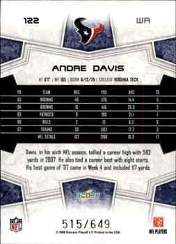 2008 Score - Scorecard #122 Andre Davis Back