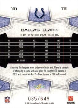 2008 Score - Scorecard #131 Dallas Clark Back
