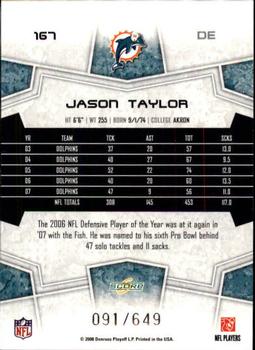 2008 Score - Scorecard #167 Jason Taylor Back
