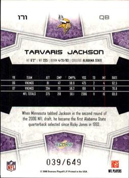 2008 Score - Scorecard #171 Tarvaris Jackson Back