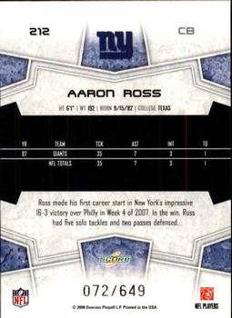 2008 Score - Scorecard #212 Aaron Ross Back