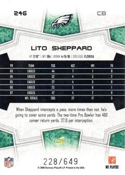 2008 Score - Scorecard #246 Lito Sheppard Back