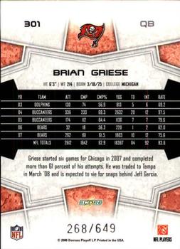 2008 Score - Scorecard #301 Brian Griese Back