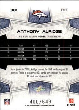 2008 Score - Scorecard #381 Anthony Alridge Back