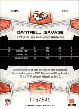 2008 Score - Scorecard #389 Dantrell Savage Back