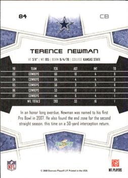 2008 Score - Super Bowl XLIII #84 Terence Newman Back
