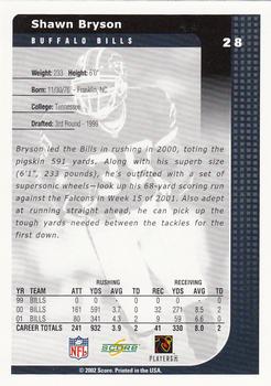 2002 Score #28 Shawn Bryson Back