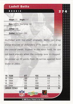 2002 Score #274 Ladell Betts Back