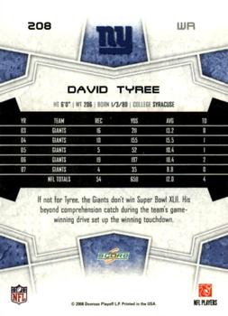 2008 Score - Super Bowl XLIII Black #208 David Tyree Back