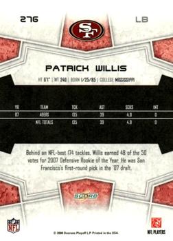 2008 Score - Super Bowl XLIII Black #276 Patrick Willis Back