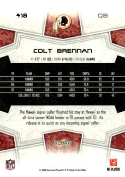 2008 Score - Super Bowl XLIII Black #418 Colt Brennan Back