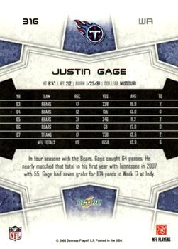 2008 Score - Super Bowl XLIII Blue #316 Justin Gage Back