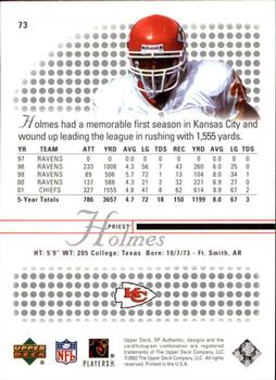 2002 SP Authentic #73 Priest Holmes Back
