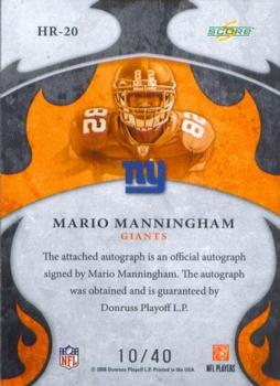 2008 Score Select - Hot Rookies Autographs Gold Zone #HR-20 Mario Manningham Back