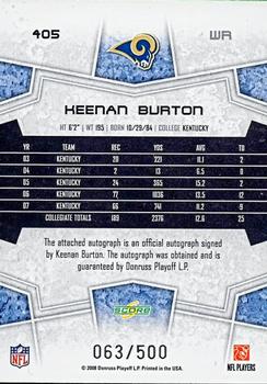 2008 Score Select - Inscriptions #405 Keenan Burton Back