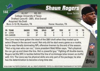 2002 Topps #144 Shaun Rogers Back