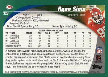2002 Topps #329 Ryan Sims Back