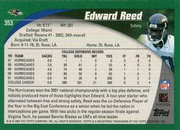 2002 Topps #353 Ed Reed Back