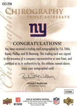 2008 SP Authentic - Chirography Triples #CH3-TPM Y.A. Tittle / Kenny Phillips / Eli Manning Back