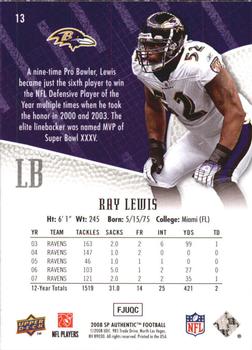 2008 SP Authentic - Retail #13 Ray Lewis Back