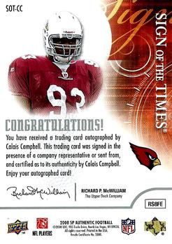 2008 SP Authentic - Sign of the Times #SOT-CC Calais Campbell Back