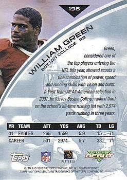 2002 Topps Debut #196 William Green Back