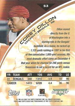 2002 Topps Debut #53 Corey Dillon Back