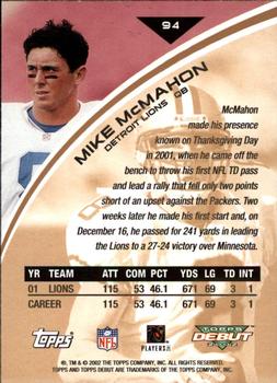 2002 Topps Debut #94 Mike McMahon Back