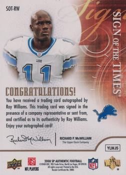2008 SP Authentic - Sign of the Times Gold #SOT-RW Roy Williams Back