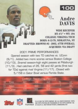 2002 Topps Pristine #100 Andre Davis Back