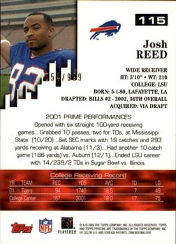 2002 Topps Pristine #115 Josh Reed Back