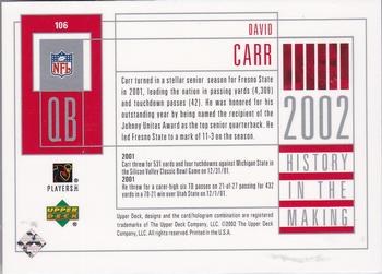 2002 UD Piece of History #106 David Carr Back