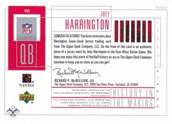 2002 UD Piece of History #141 Joey Harrington Back